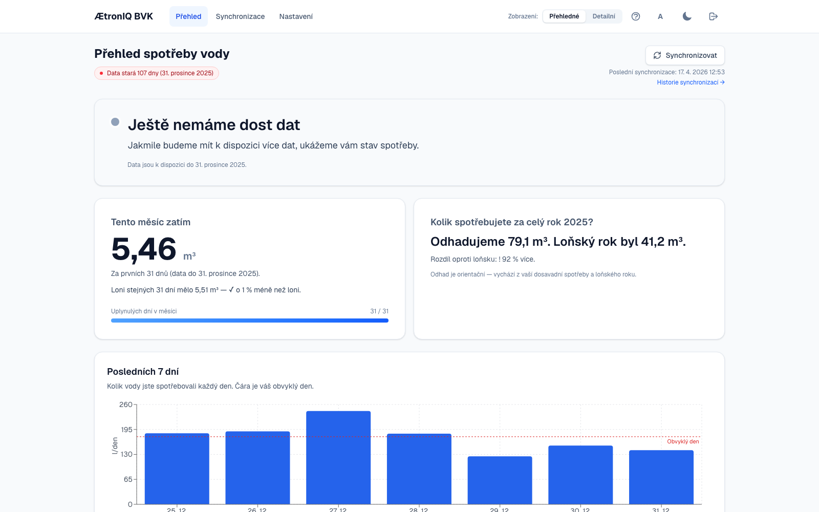 Ukázka obrazovky aplikace — dashboard